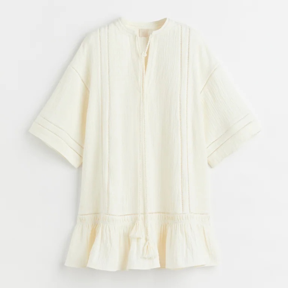 H&M Short Kaftan Dress Ivory Cotton Textured Dress Sz XS Loose Fit - Picture 2 of 10